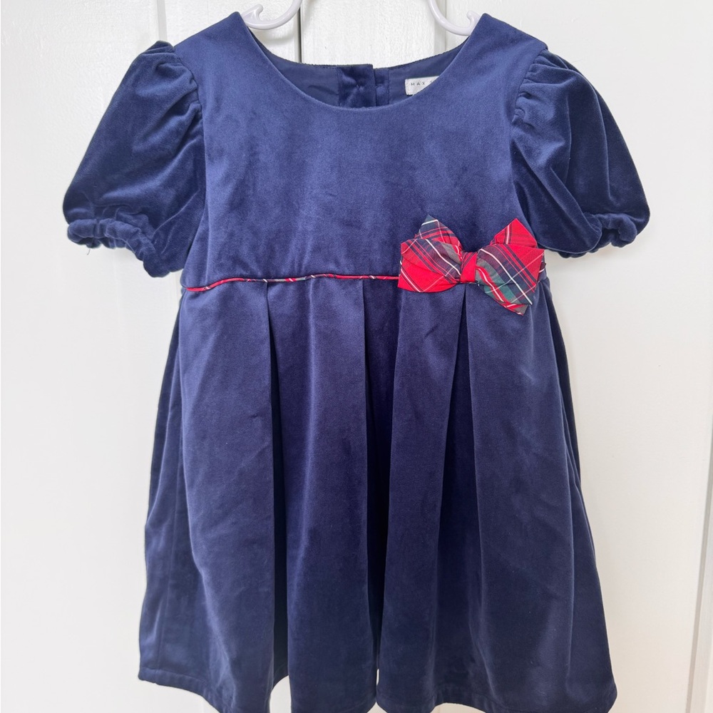 Navy Blue Velvet Kids Dress with Red Plaid Bow